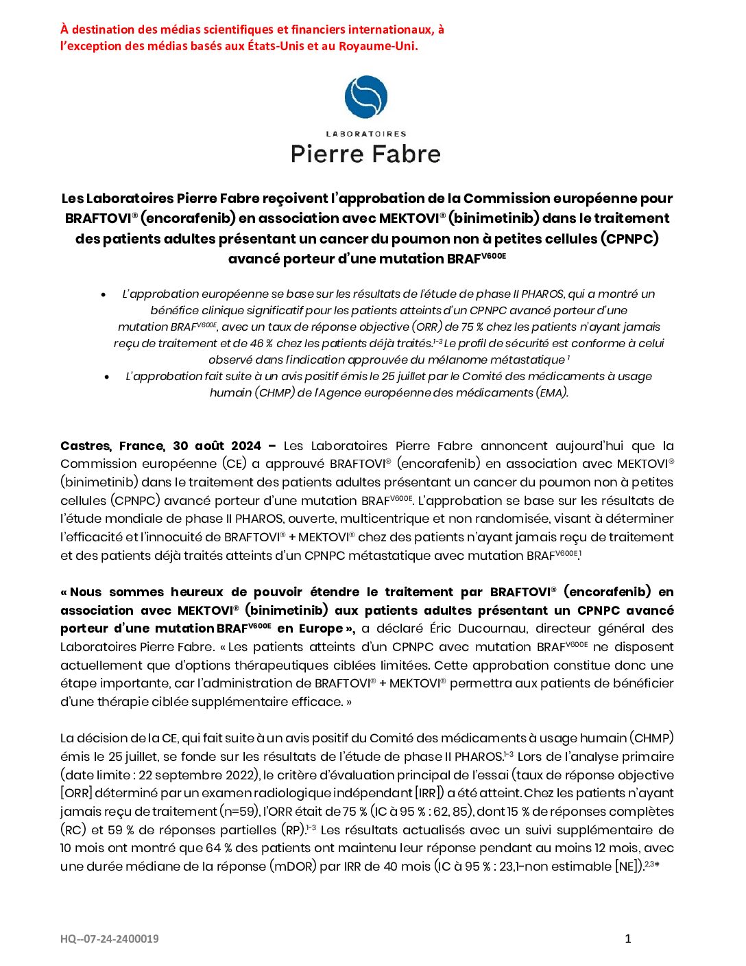 Extension de l’AMM pour Braftovi® + Mektovi® dans le CPNPC avec mutation BRAFV600E
