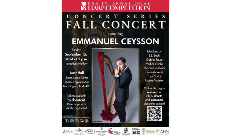 Emmanuel Ceysson, Principal Harpist at the Los Angeles Philharmonic, to Perform at the USA International Harp Competition, Fall Concert Series